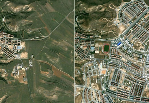 Da esquerda para a direita, duas fotos Paracuellos del Jarama (Madrid) em 2002 e 2012