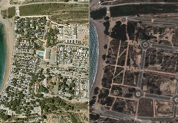 Da esquerda para a dirieta, antes (2003) e depois (2013) da mesma área em Villajoyosa (Alicante)